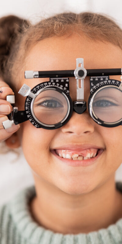 Eye, vision and test with child for glasses in optometry office for eye care and health. Eyewear, e